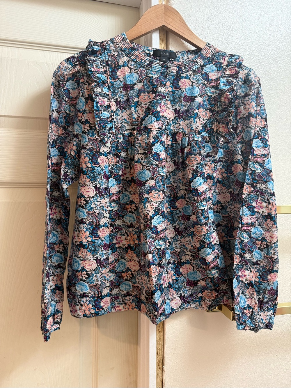 J. Crew Navy Floral Ruffle-Trim Long-Sleeve Blouse